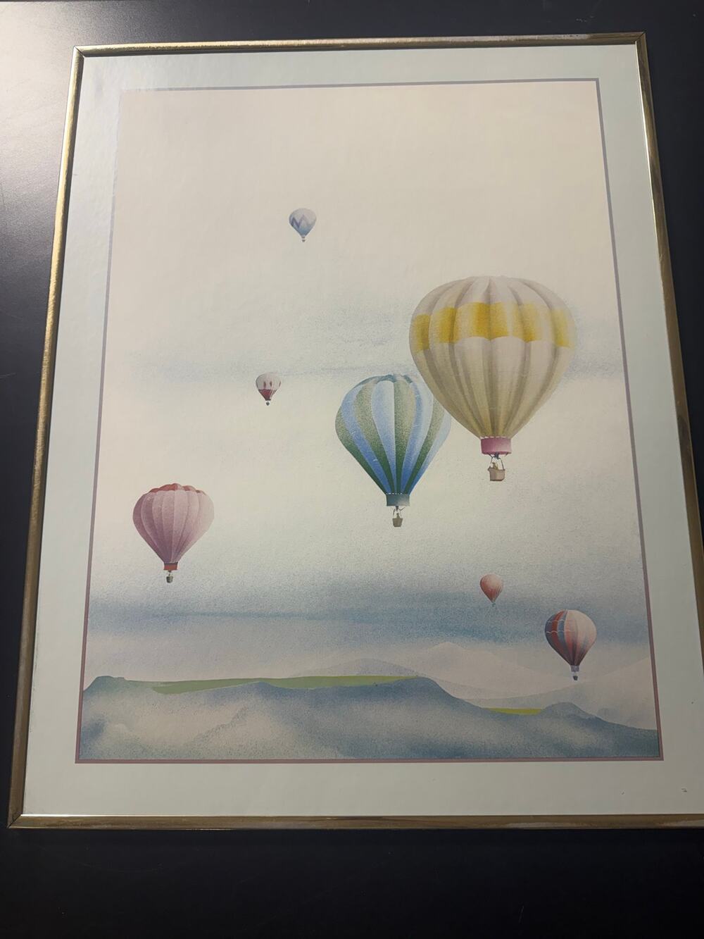 Framed Art Print Watercolor Landscape Colorful Hot Air Balloons 28X22"